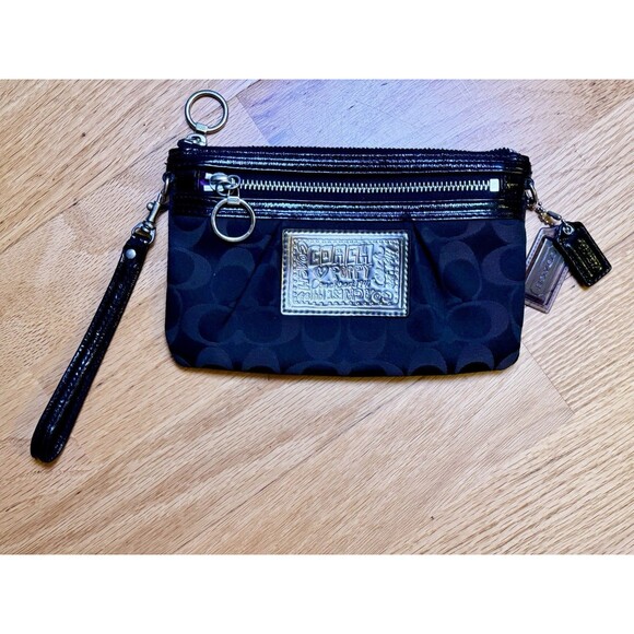 Coach Poppy Signature Monogram Wristlet Clutch Purse Wallet Silver Black Brown - Picture 1 of 16